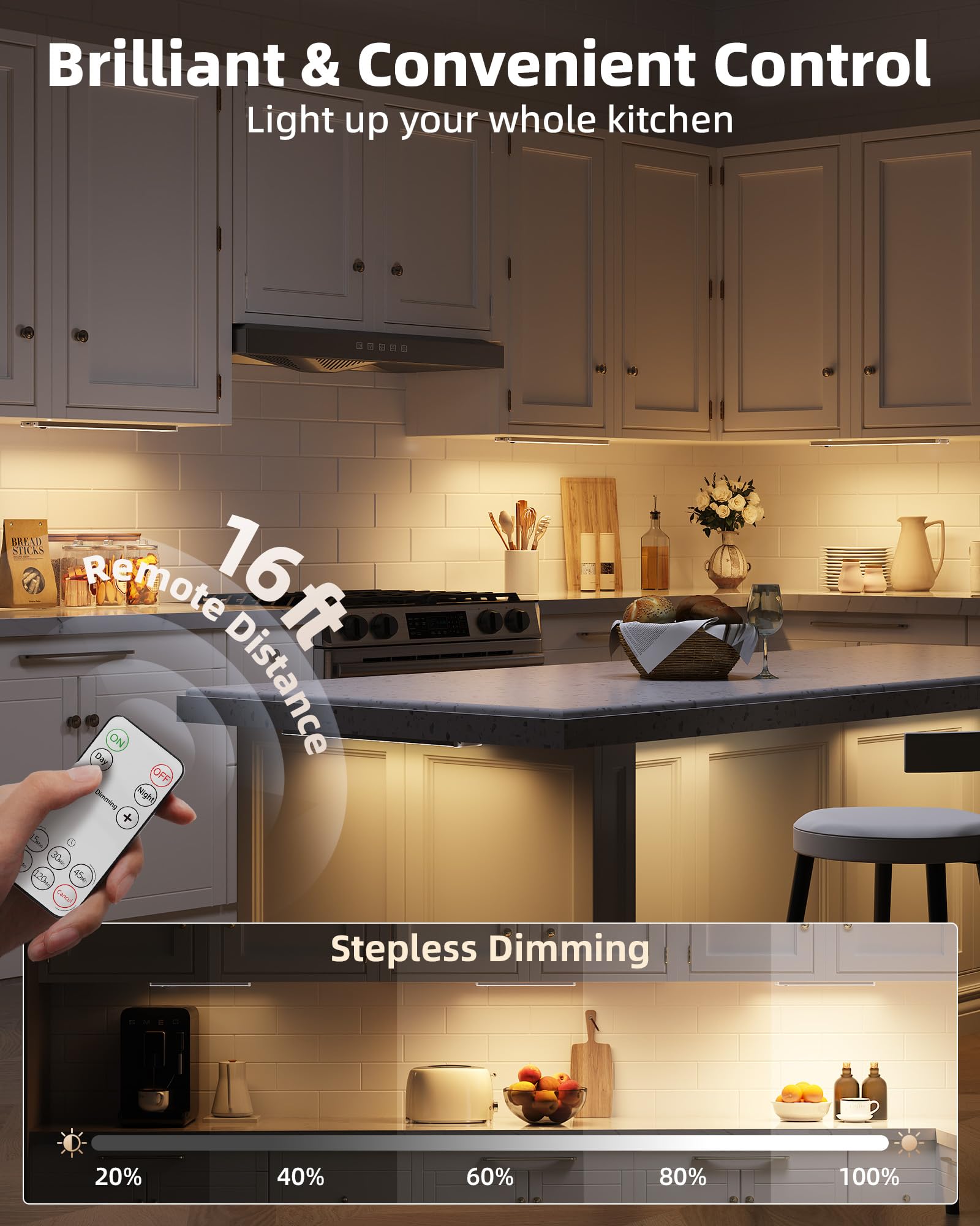 EZVALO 5-Pack Under Cabinet Lighting, 2400mAh Motion Sensor Light, LED Closet Lights Wireless, 3000K Dimmable, Timer, Magnetic, with Remote Control for Kitchen, Closet, Stair