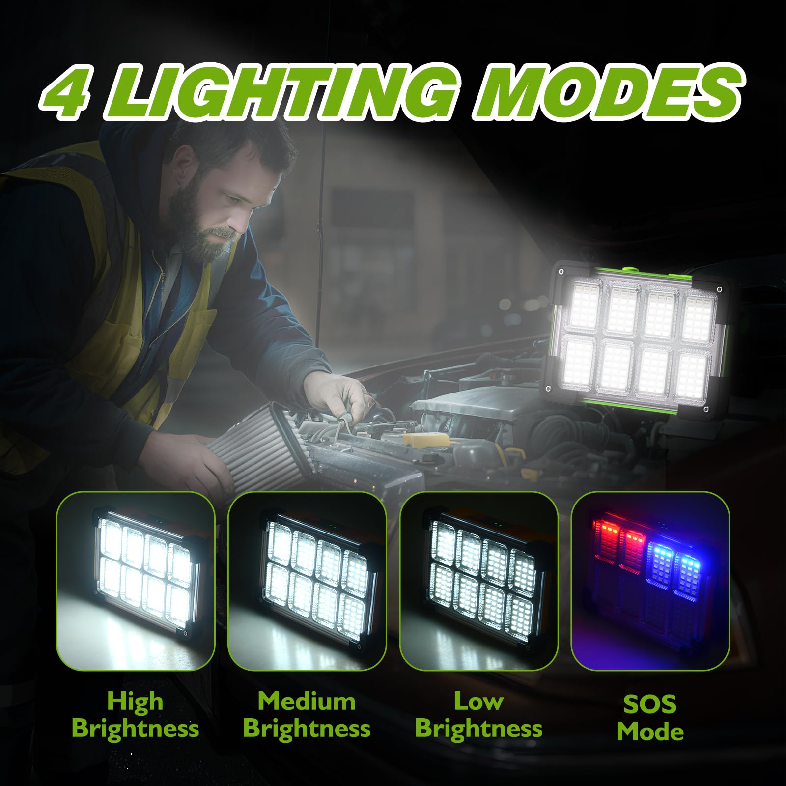 120W Solar Rechargeable Work Light, 144 LED 10000LM Led Work Light with 4 Modes, Portable Flood Light with Stand, IP66 Waterproof Outdoor Working Light for Emergency Mechanic Camping Repair - Morrowden