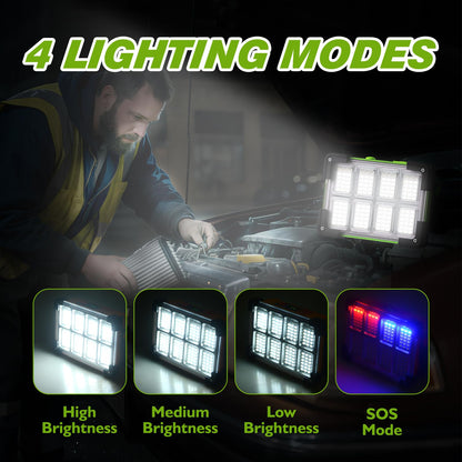 120W Solar Rechargeable Work Light, 144 LED 10000LM Led Work Light with 4 Modes, Portable Flood Light with Stand, IP66 Waterproof Outdoor Working Light for Emergency Mechanic Camping Repair - Morrowden