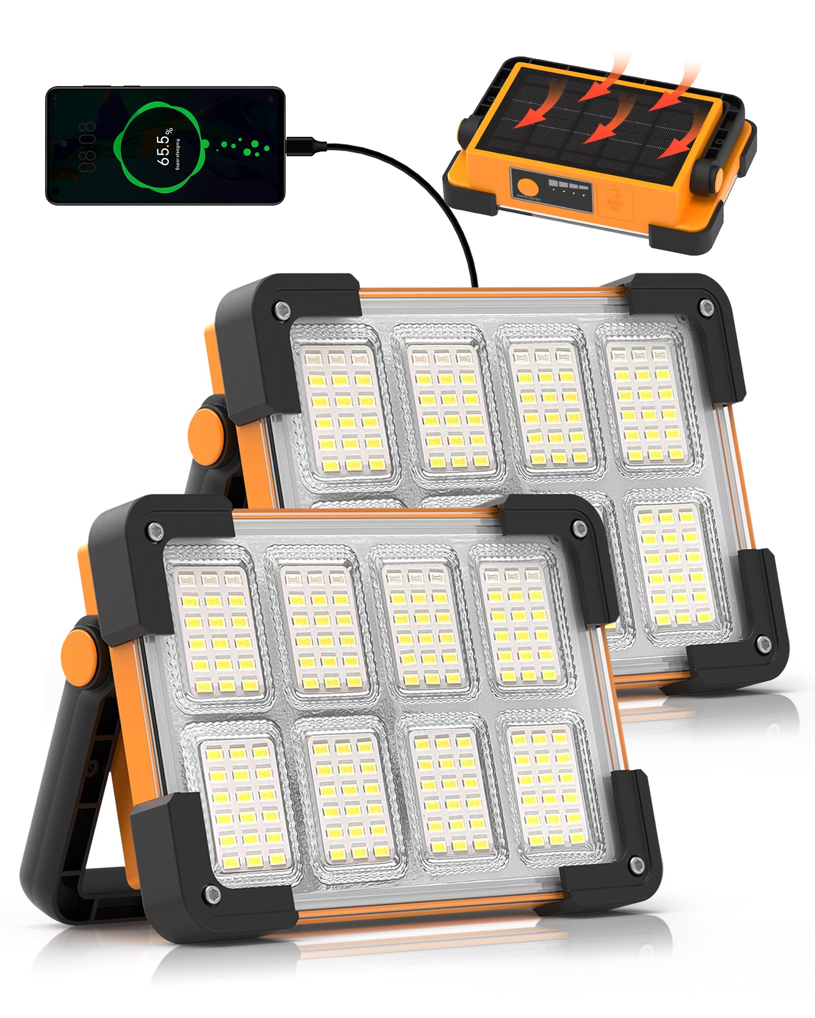 120W Solar Rechargeable Work Light, 144 LED 10000LM Led Work Light with 4 Modes, Portable Flood Light with Stand, IP66 Waterproof Outdoor Working Light for Emergency Mechanic Camping Repair - Morrowden