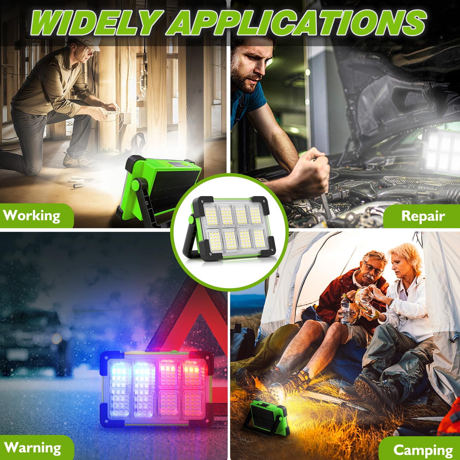 120W Solar Rechargeable Work Light, 144 LED 10000LM Led Work Light with 4 Modes, Portable Flood Light with Stand, IP66 Waterproof Outdoor Working Light for Emergency Mechanic Camping Repair - Morrowden