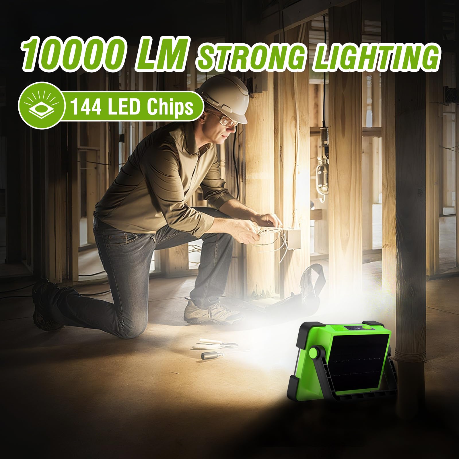 120W Solar Rechargeable Work Light, 144 LED 10000LM Led Work Light with 4 Modes, Portable Flood Light with Stand, IP66 Waterproof Outdoor Working Light for Emergency Mechanic Camping Repair - Morrowden
