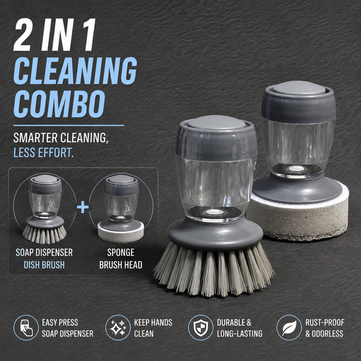 3-in-1 Soap Dispensing Dish Brush Set – Kitchen Cleaning Brush with Replaceable Scrub Heads