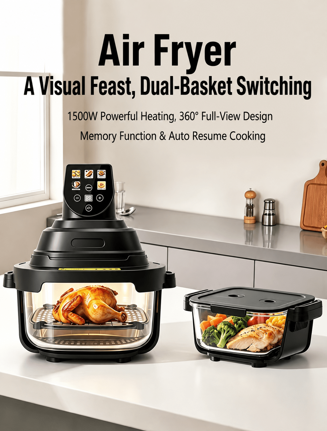 2-in-1 Glass Air Fryer with Large & Small Bowls – Cook More, Clean Less - Morrowden