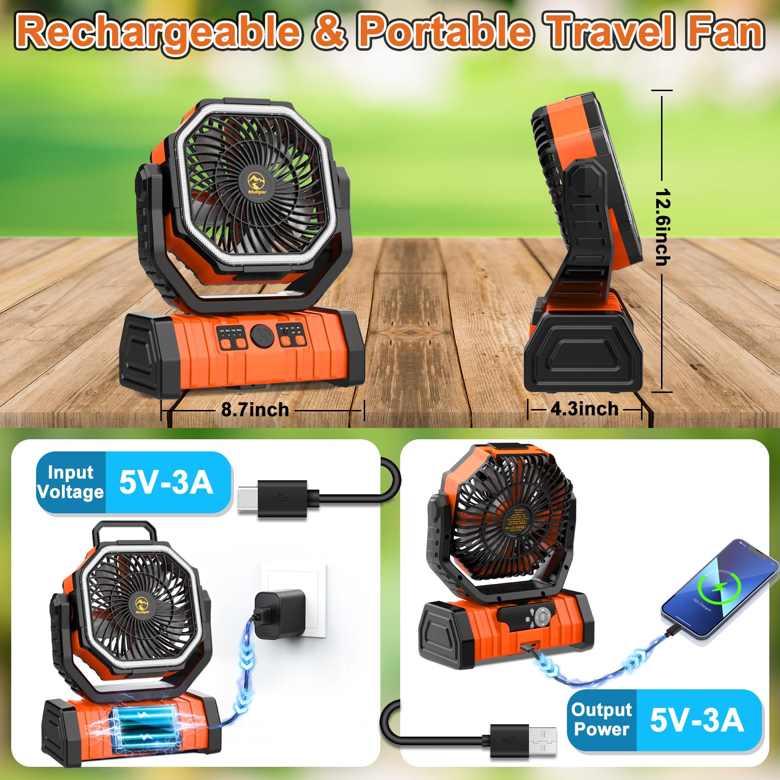 20000mAh Rechargeable Camping Fan, Auto-Oscillating Portable Fan for Camping with Remote & LED Lantern, 4 Speeds Battery Powered Fan with Hanging Hook & Timer for Tent, Travel, Outdoor, Home, RV - Morrowden