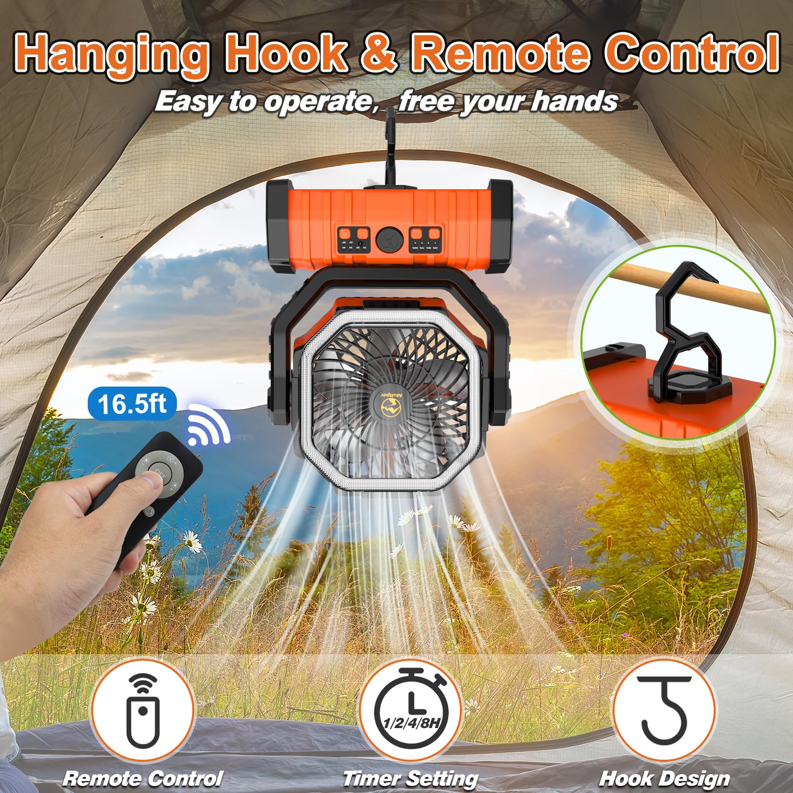 20000mAh Rechargeable Camping Fan, Auto-Oscillating Portable Fan for Camping with Remote & LED Lantern, 4 Speeds Battery Powered Fan with Hanging Hook & Timer for Tent, Travel, Outdoor, Home, RV - Morrowden
