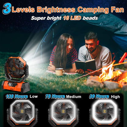 20000mAh Rechargeable Camping Fan, Auto-Oscillating Portable Fan for Camping with Remote & LED Lantern, 4 Speeds Battery Powered Fan with Hanging Hook & Timer for Tent, Travel, Outdoor, Home, RV - Morrowden