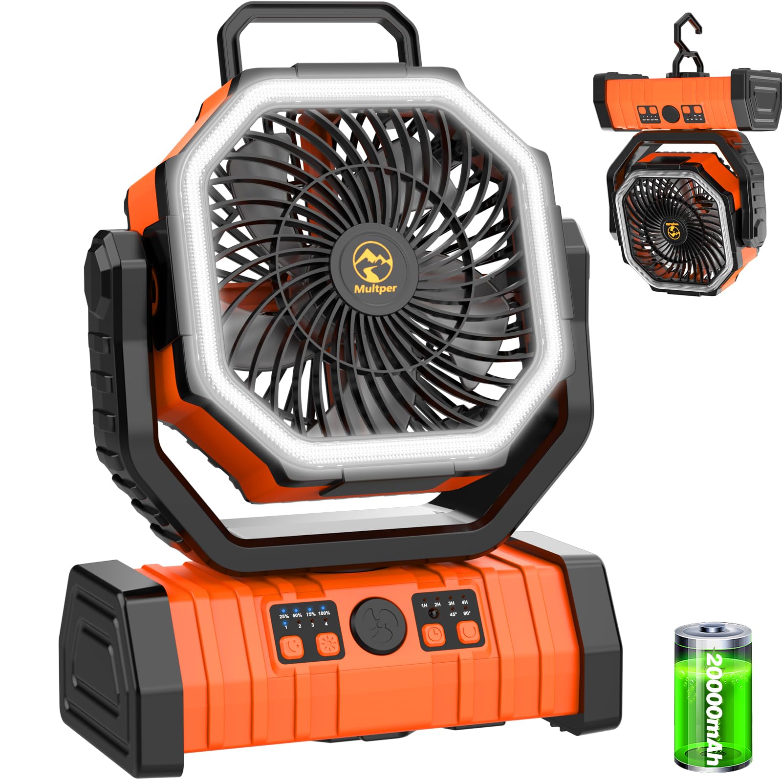 20000mAh Rechargeable Camping Fan, Auto-Oscillating Portable Fan for Camping with Remote & LED Lantern, 4 Speeds Battery Powered Fan with Hanging Hook & Timer for Tent, Travel, Outdoor, Home, RV - Morrowden
