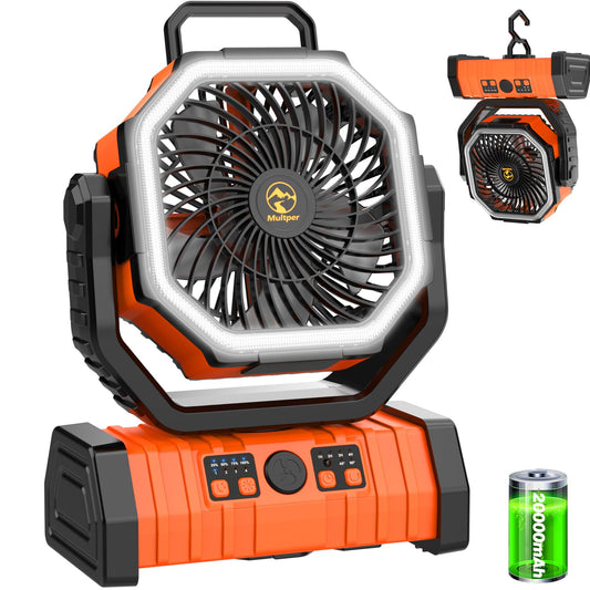 20000mAh Rechargeable Camping Fan, Auto-Oscillating Portable Fan for Camping with Remote & LED Lantern, 4 Speeds Battery Powered Fan with Hanging Hook & Timer for Tent, Travel, Outdoor, Home, RV - Morrowden