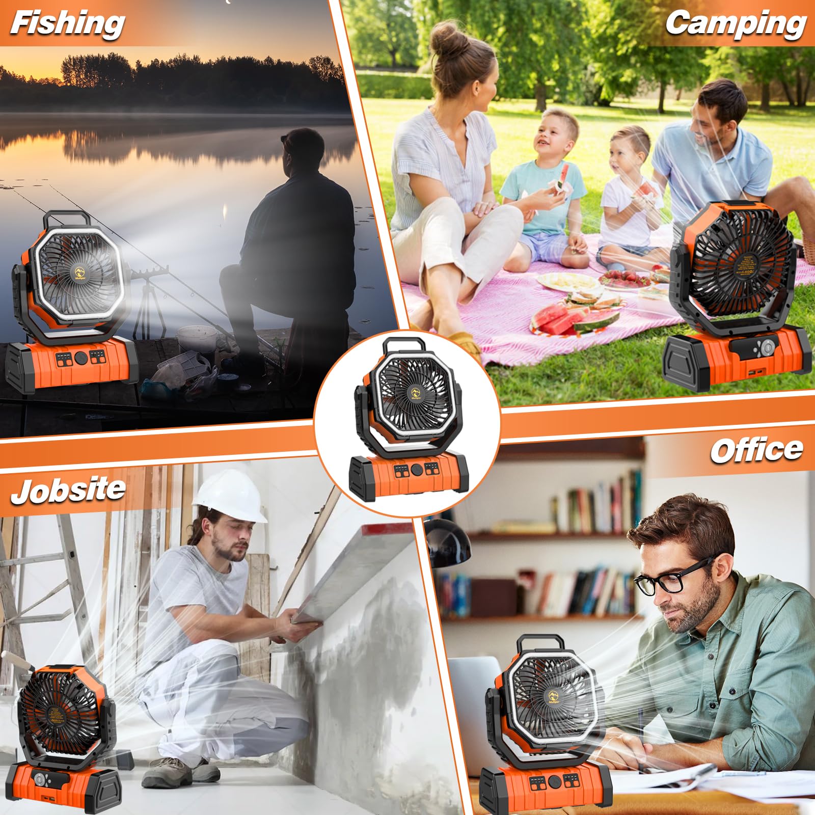 20000mAh Rechargeable Camping Fan, Auto-Oscillating Portable Fan for Camping with Remote & LED Lantern, 4 Speeds Battery Powered Fan with Hanging Hook & Timer for Tent, Travel, Outdoor, Home, RV - Morrowden