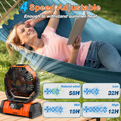 20000mAh Rechargeable Camping Fan, Auto-Oscillating Portable Fan for Camping with Remote & LED Lantern, 4 Speeds Battery Powered Fan with Hanging Hook & Timer for Tent, Travel, Outdoor, Home, RV - Morrowden