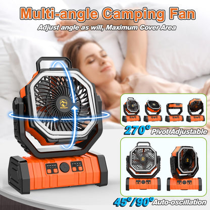 20000mAh Rechargeable Camping Fan, Auto-Oscillating Portable Fan for Camping with Remote & LED Lantern, 4 Speeds Battery Powered Fan with Hanging Hook & Timer for Tent, Travel, Outdoor, Home, RV - Morrowden