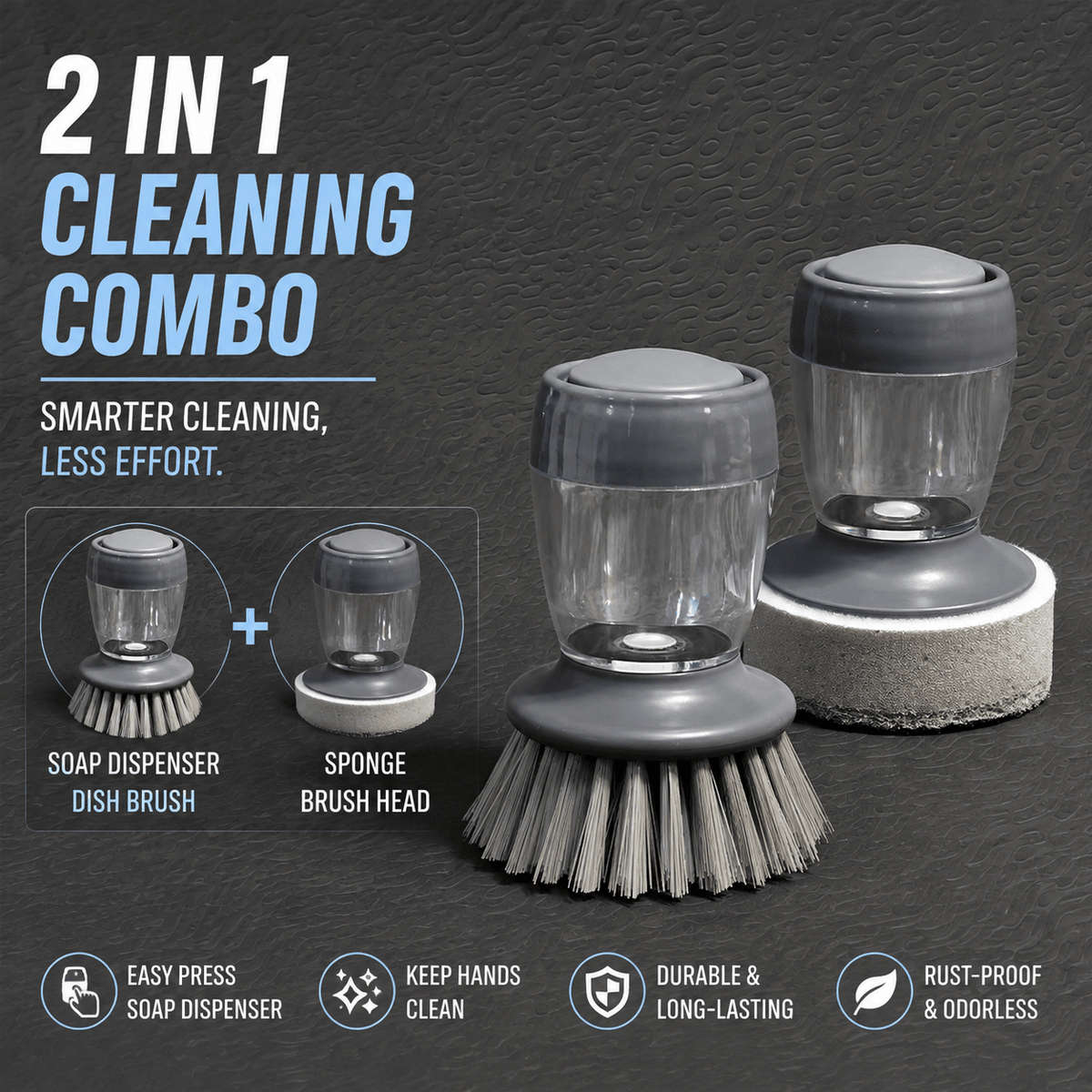 3-in-1 Soap Dispensing Dish Brush Set – Kitchen Cleaning Brush with Replaceable Scrub Heads - Morrowden