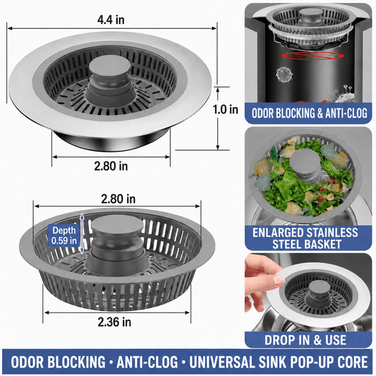 304 Stainless Steel Kitchen Sink Drain Strainer with Copper Core Stopper, Anti-Clog Sink Filter Basket, Odor Prevention Drain Cover for US Standard Sinks - Morrowden