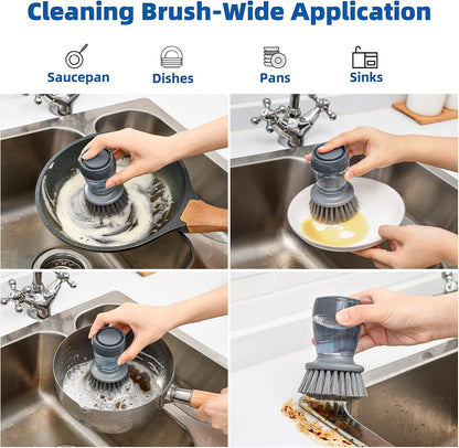 3-in-1 Soap Dispensing Dish Brush Set – Kitchen Cleaning Brush with Replaceable Scrub Heads