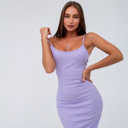 Women's Solid Ribbed Backless Dress – Sleeveless Round Neck Tie-Back Bodycon Dress