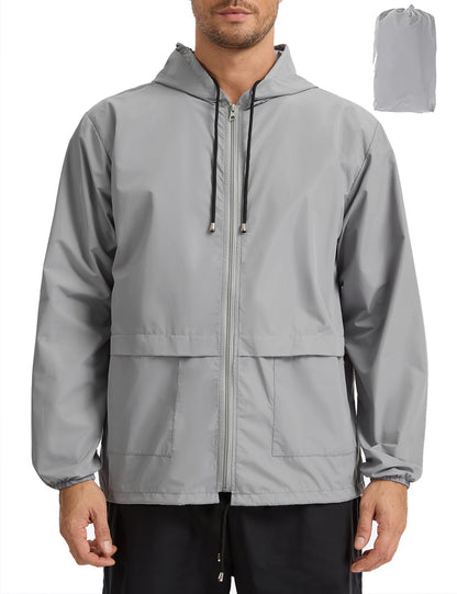 Mens Packable Rain Jacket Lightweight Waterproof Raincoat with Hood Outdoor Rain Gear Travel Hiking Cycling
