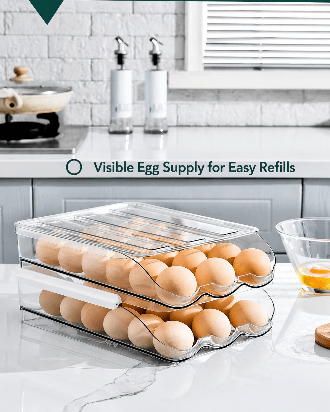 Auto Rolling Egg Holder for Refrigerator – 18 Egg Storage Organizer with Space-Saving Stackable Design - Morrowden