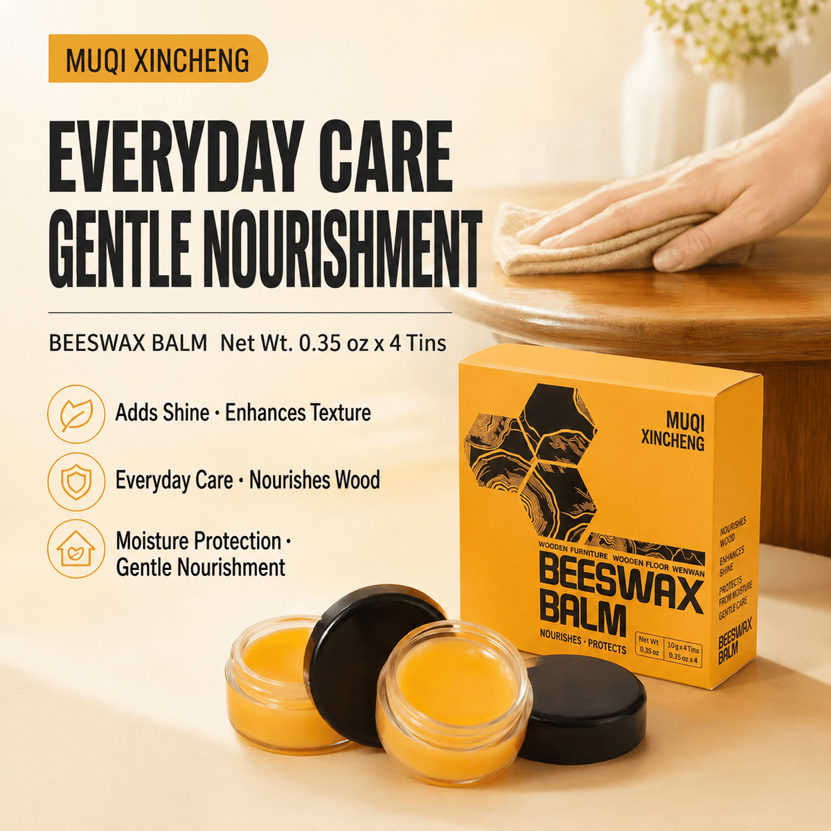 Beeswax Wood Polish Balm - Natural Wood Care Wax for Furniture, Tables & Hardwood Surfaces - Morrowden