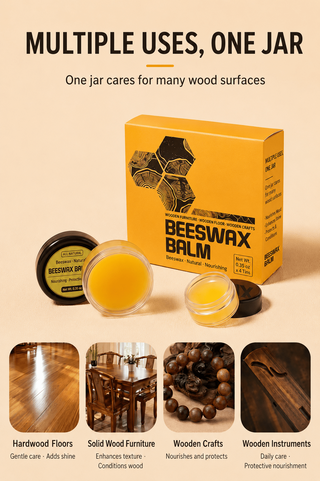 Beeswax Wood Polish Balm - Natural Wood Care Wax for Furniture, Tables & Hardwood Surfaces - Morrowden