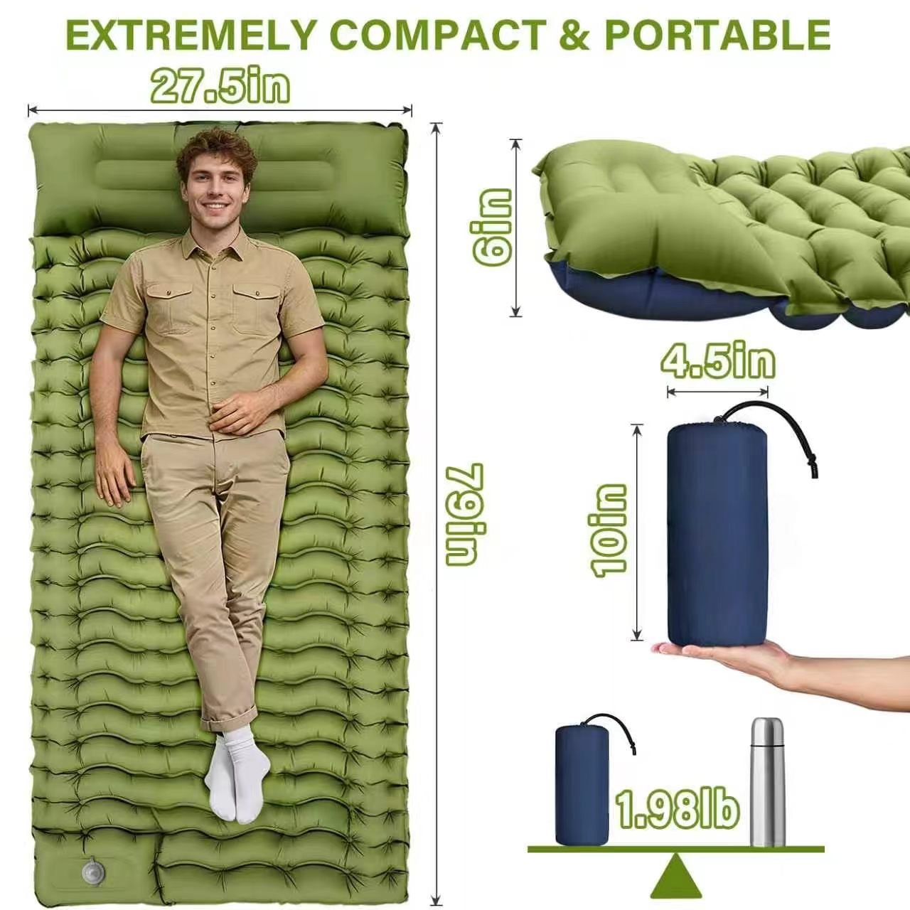 Camping Sleeping Pad, Ultralight Camping Mat with Pillow, Built-in Foot Pump Inflatable Sleeping Pads Compact for Camping Backpacking Hiking Traveling Tent,Single - Morrowden