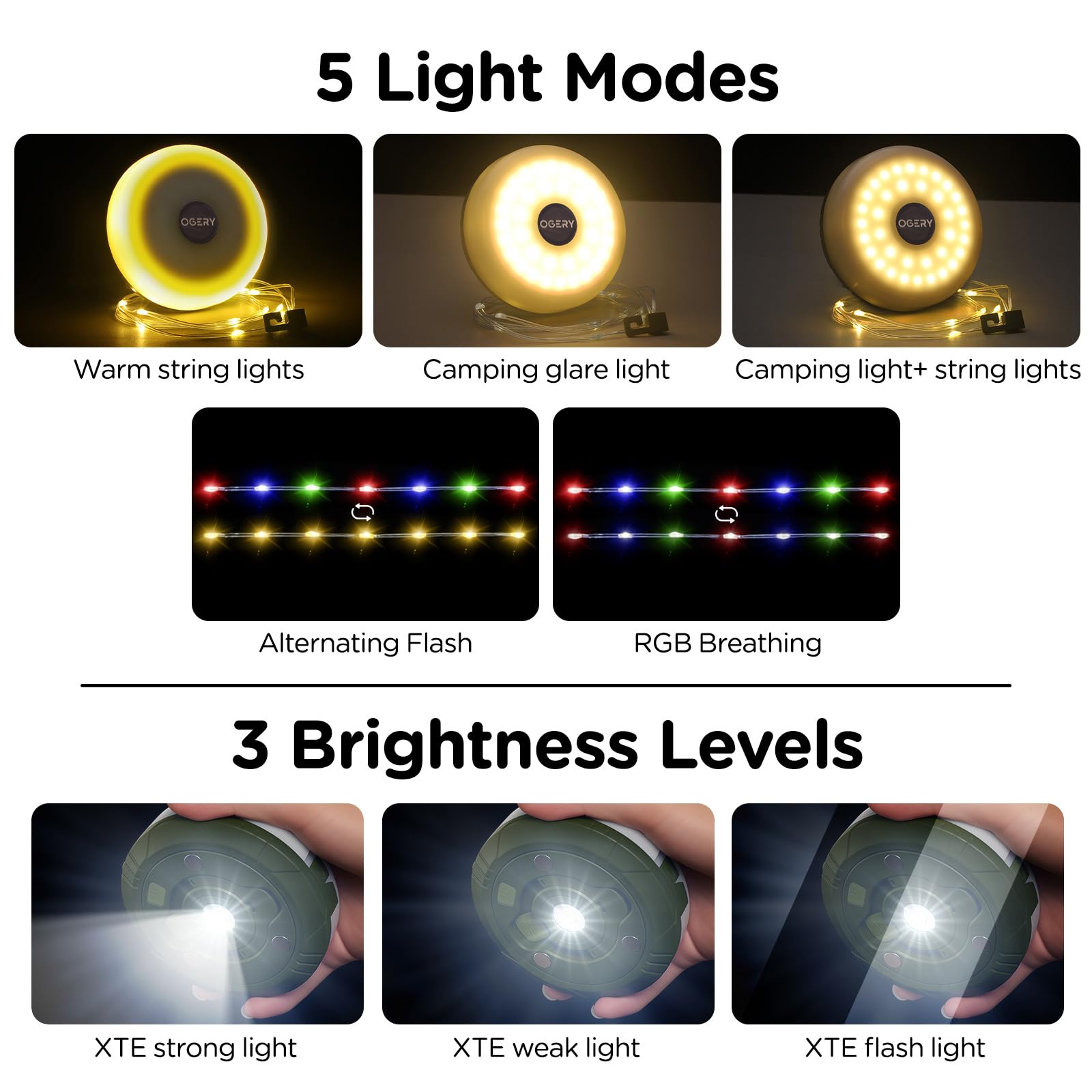 Camping String Lights, 4 in 1 Quick Storage 32.8FT Rechargeable Tent Lights String with 8 Lighting Modes, Hanging Waterproof Portable LED Lamp for Outdoor Patio Awning Garden Camping Essentials - Morrowden