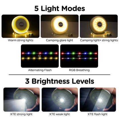 Camping String Lights, 4 in 1 Quick Storage 32.8FT Rechargeable Tent Lights String with 8 Lighting Modes, Hanging Waterproof Portable LED Lamp for Outdoor Patio Awning Garden Camping Essentials - Morrowden