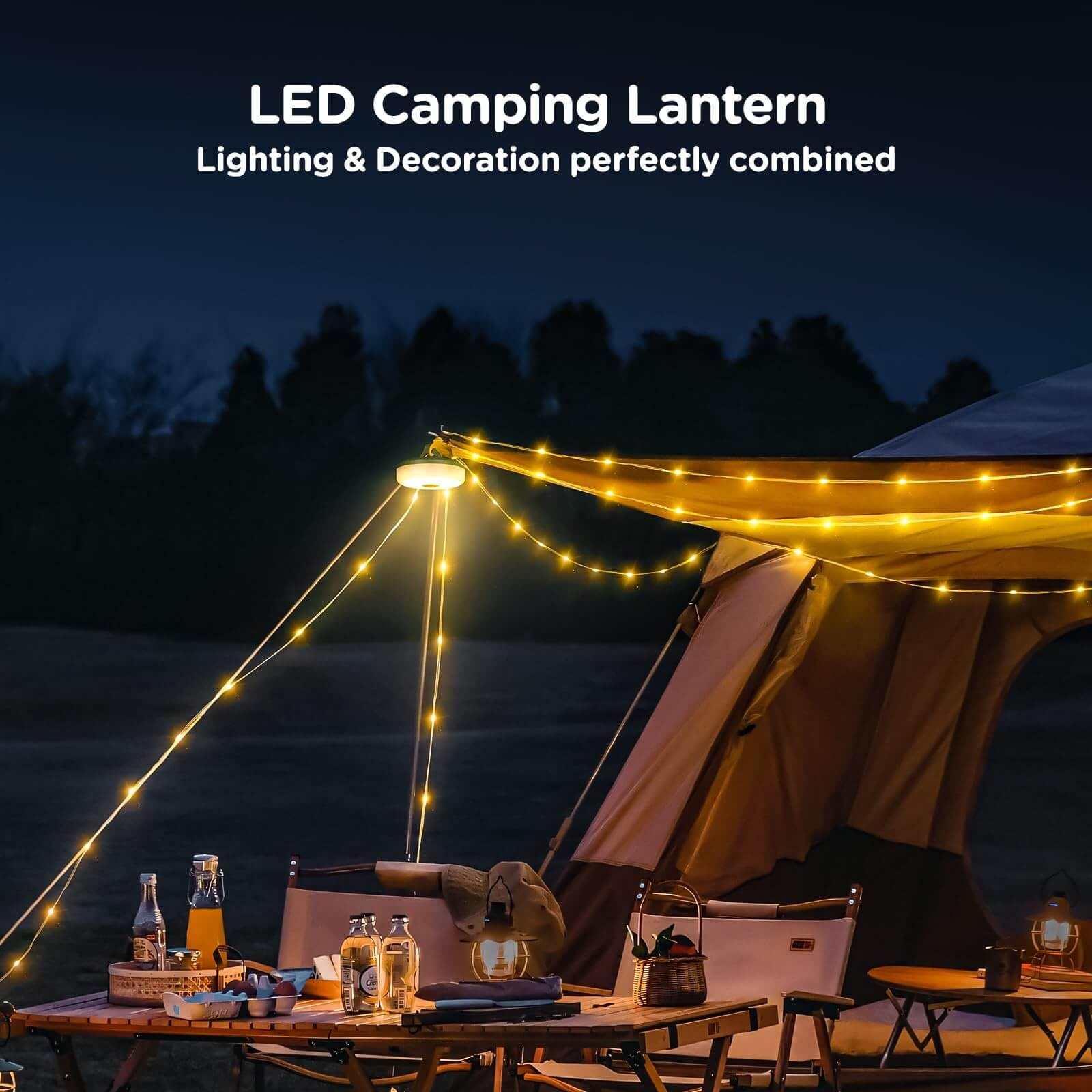 Camping String Lights, 4 in 1 Quick Storage 32.8FT Rechargeable Tent Lights String with 8 Lighting Modes, Hanging Waterproof Portable LED Lamp for Outdoor Patio Awning Garden Camping Essentials - Morrowden