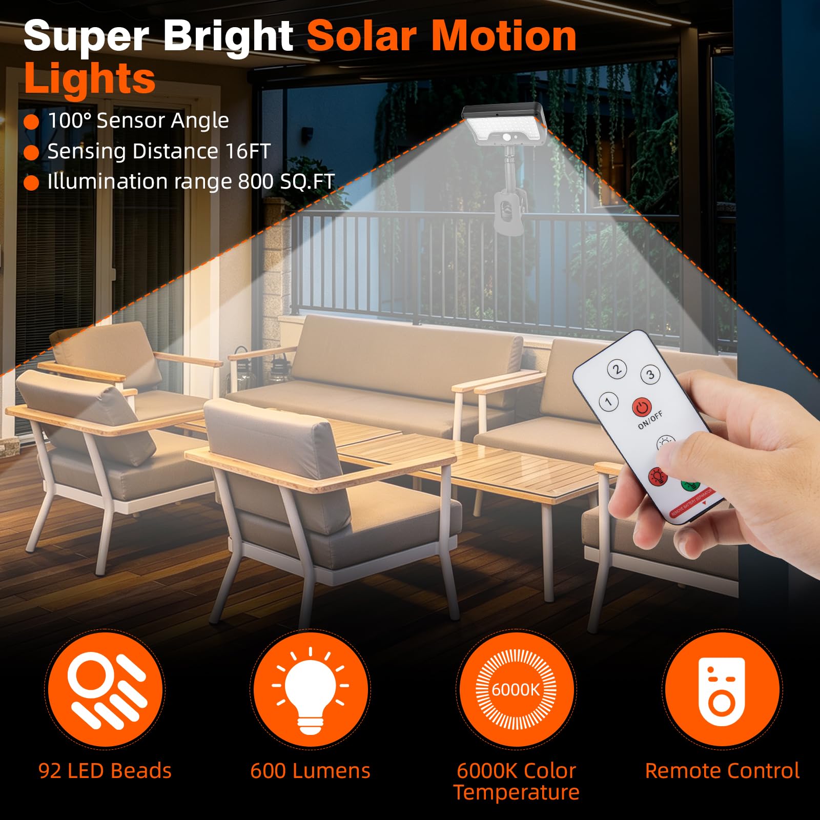 Clip On Solar Lights Outdoor with Motion Sensor, 4-Color 3 Modes Lighting (92 LEDs, 600 LM, 6000 K) IP65 Waterproof, 360° Adjustable Flexible Clamp for Fences Gardens Decks Camping Gutte - Morrowden