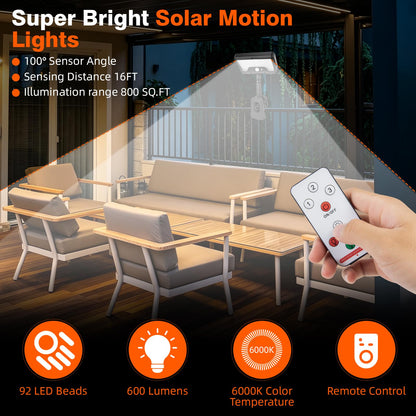 Clip On Solar Lights Outdoor with Motion Sensor, 4-Color 3 Modes Lighting (92 LEDs, 600 LM, 6000 K) IP65 Waterproof, 360° Adjustable Flexible Clamp for Fences Gardens Decks Camping Gutte - Morrowden