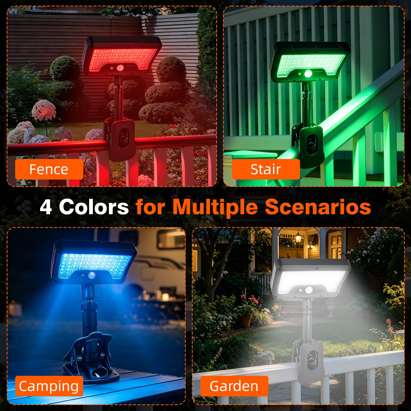 Clip On Solar Lights Outdoor with Motion Sensor, 4-Color 3 Modes Lighting (92 LEDs, 600 LM, 6000 K) IP65 Waterproof, 360° Adjustable Flexible Clamp for Fences Gardens Decks Camping Gutte - Morrowden