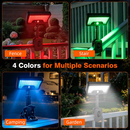Clip On Solar Lights Outdoor with Motion Sensor, 4-Color 3 Modes Lighting (92 LEDs, 600 LM, 6000 K) IP65 Waterproof, 360° Adjustable Flexible Clamp for Fences Gardens Decks Camping Gutte - Morrowden