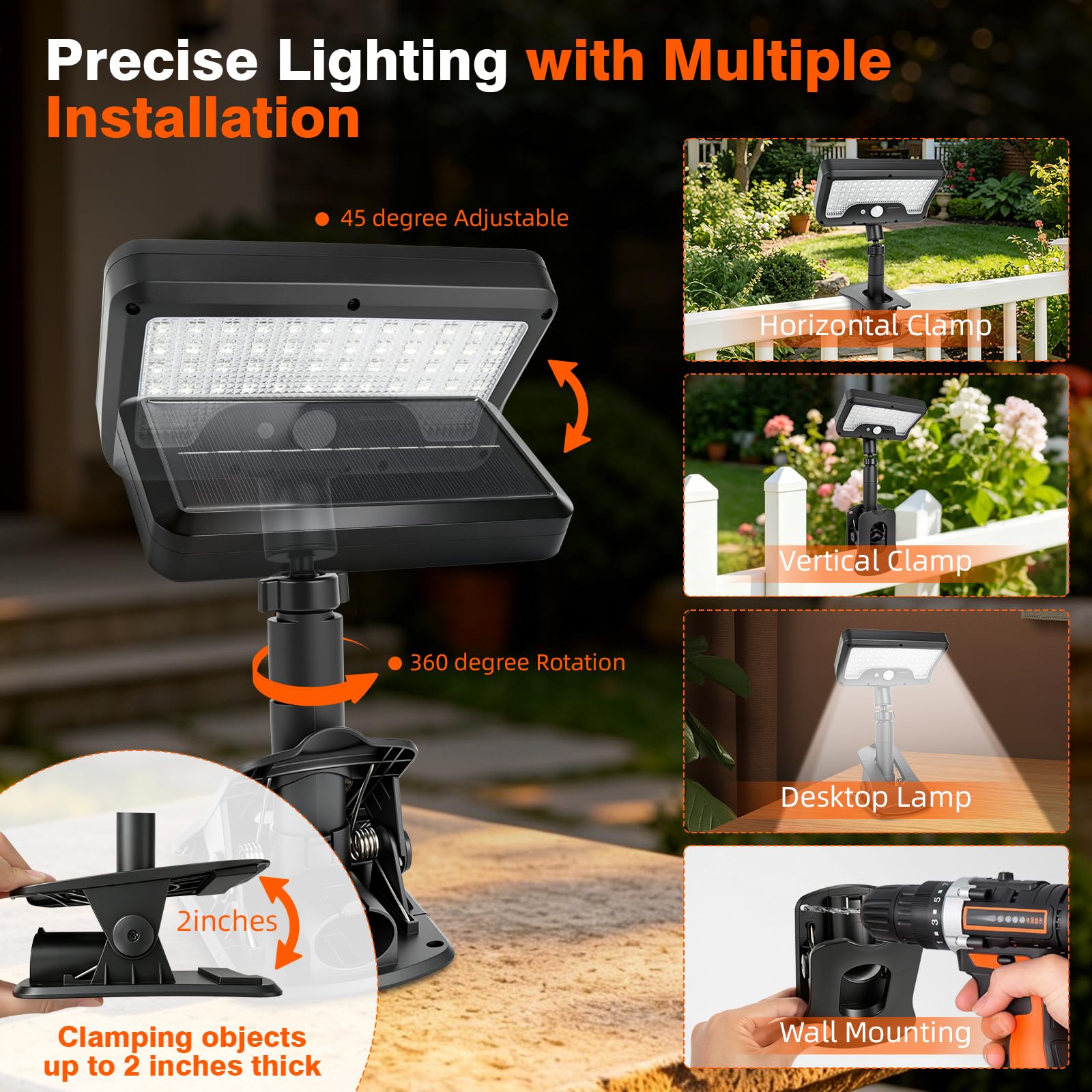 Clip On Solar Lights Outdoor with Motion Sensor, 4-Color 3 Modes Lighting (92 LEDs, 600 LM, 6000 K) IP65 Waterproof, 360° Adjustable Flexible Clamp for Fences Gardens Decks Camping Gutte - Morrowden