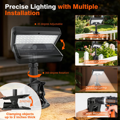 Clip On Solar Lights Outdoor with Motion Sensor, 4-Color 3 Modes Lighting (92 LEDs, 600 LM, 6000 K) IP65 Waterproof, 360° Adjustable Flexible Clamp for Fences Gardens Decks Camping Gutte - Morrowden