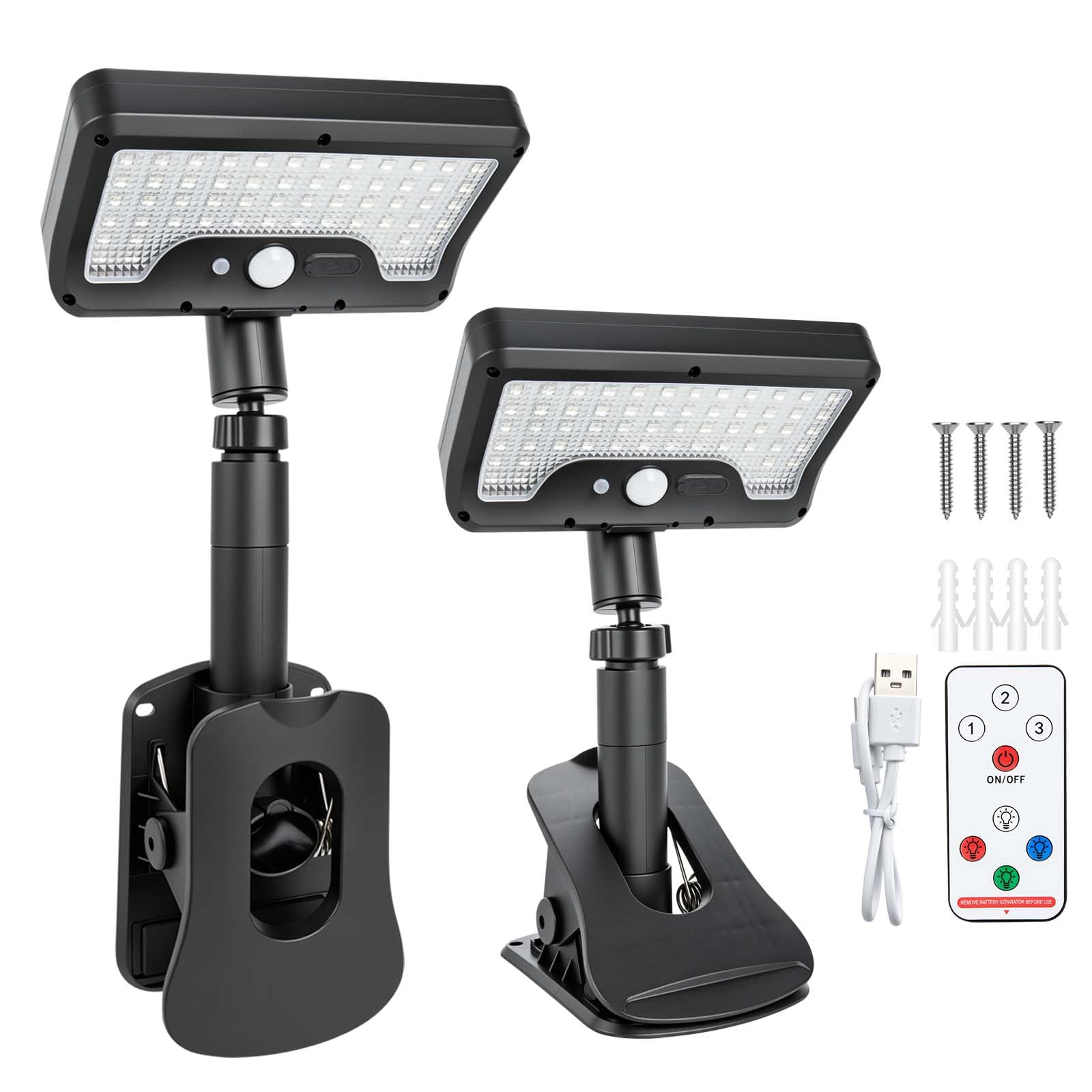Clip On Solar Lights Outdoor with Motion Sensor, 4-Color 3 Modes Lighting (92 LEDs, 600 LM, 6000 K) IP65 Waterproof, 360° Adjustable Flexible Clamp for Fences Gardens Decks Camping Gutte - Morrowden