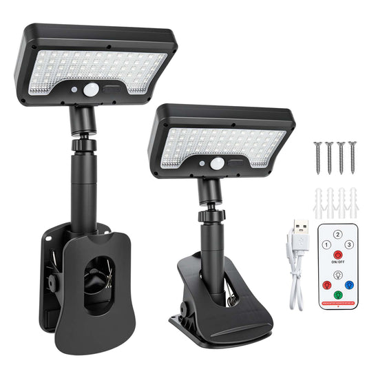 Clip On Solar Lights Outdoor with Motion Sensor, 4-Color 3 Modes Lighting (92 LEDs, 600 LM, 6000 K) IP65 Waterproof, 360° Adjustable Flexible Clamp for Fences Gardens Decks Camping Gutte - Morrowden