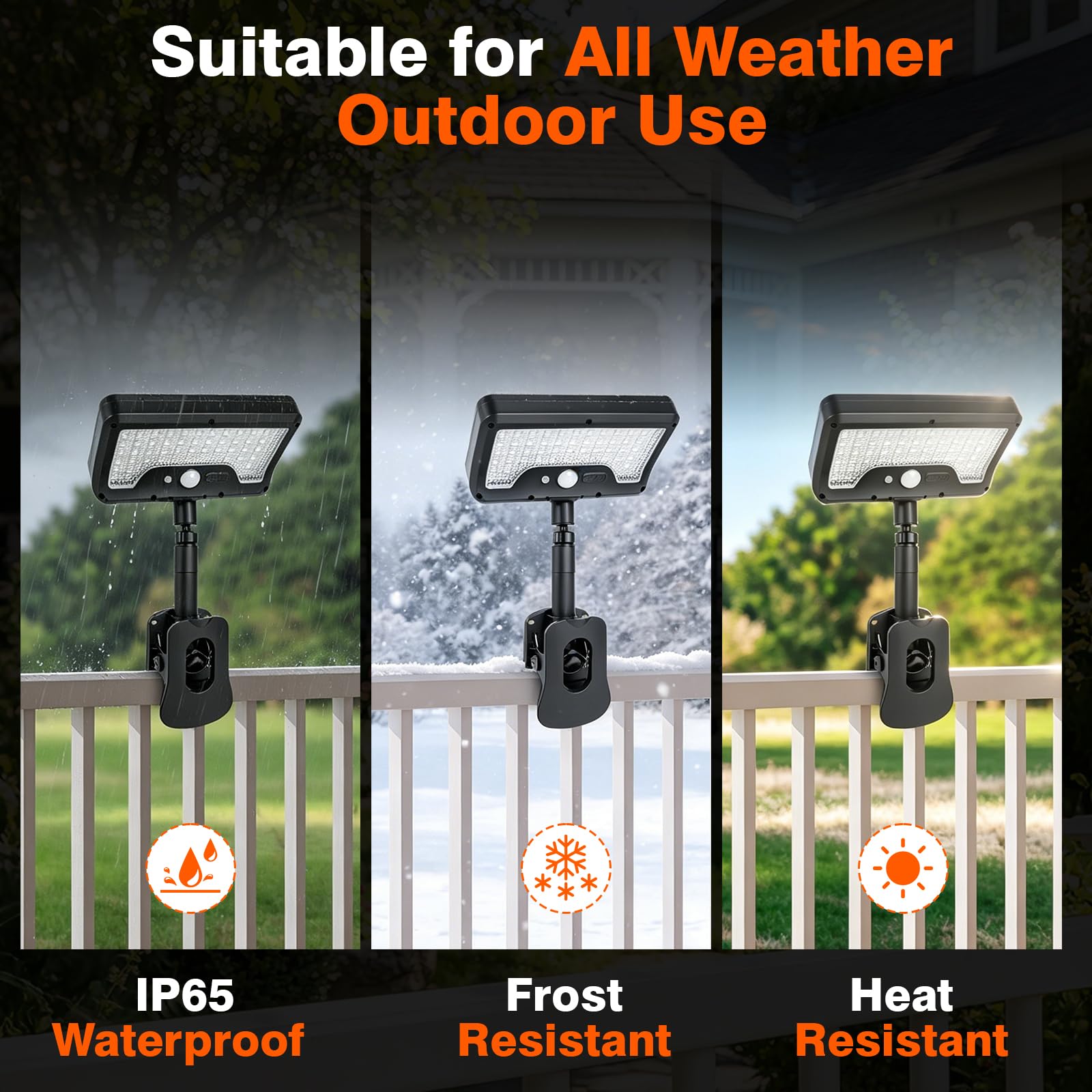 Clip On Solar Lights Outdoor with Motion Sensor, 4-Color 3 Modes Lighting (92 LEDs, 600 LM, 6000 K) IP65 Waterproof, 360° Adjustable Flexible Clamp for Fences Gardens Decks Camping Gutte - Morrowden