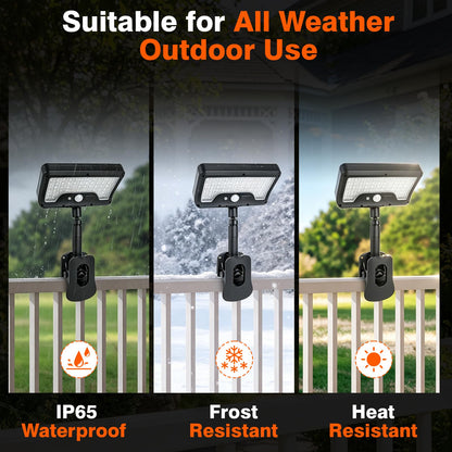 Clip On Solar Lights Outdoor with Motion Sensor, 4-Color 3 Modes Lighting (92 LEDs, 600 LM, 6000 K) IP65 Waterproof, 360° Adjustable Flexible Clamp for Fences Gardens Decks Camping Gutte - Morrowden