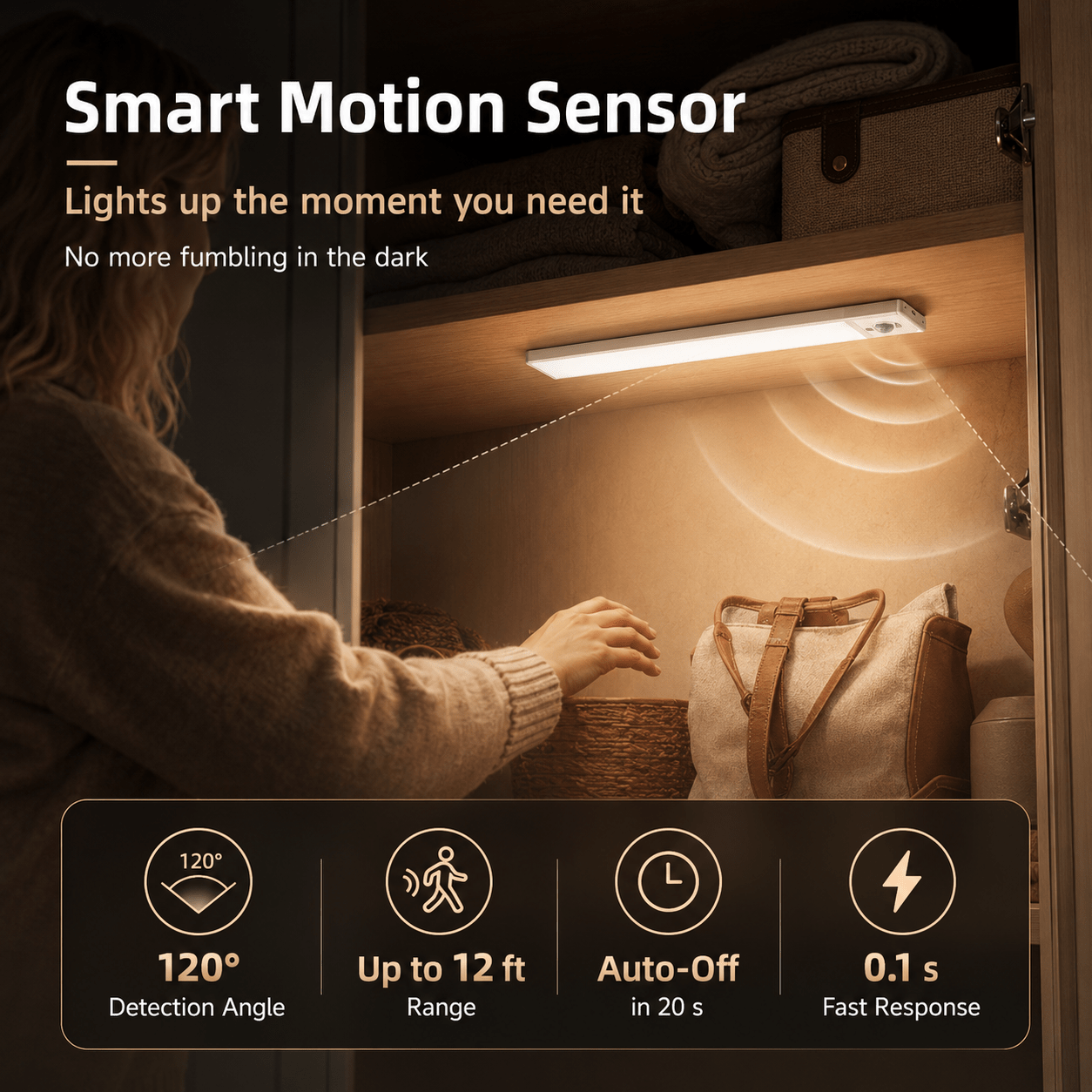 EZVALO 5-Pack Under Cabinet Lighting, 2400mAh Motion Sensor Light, LED Closet Lights Wireless, 6500K Dimmable, Timer, Magnetic with Remote Control - Morrowden