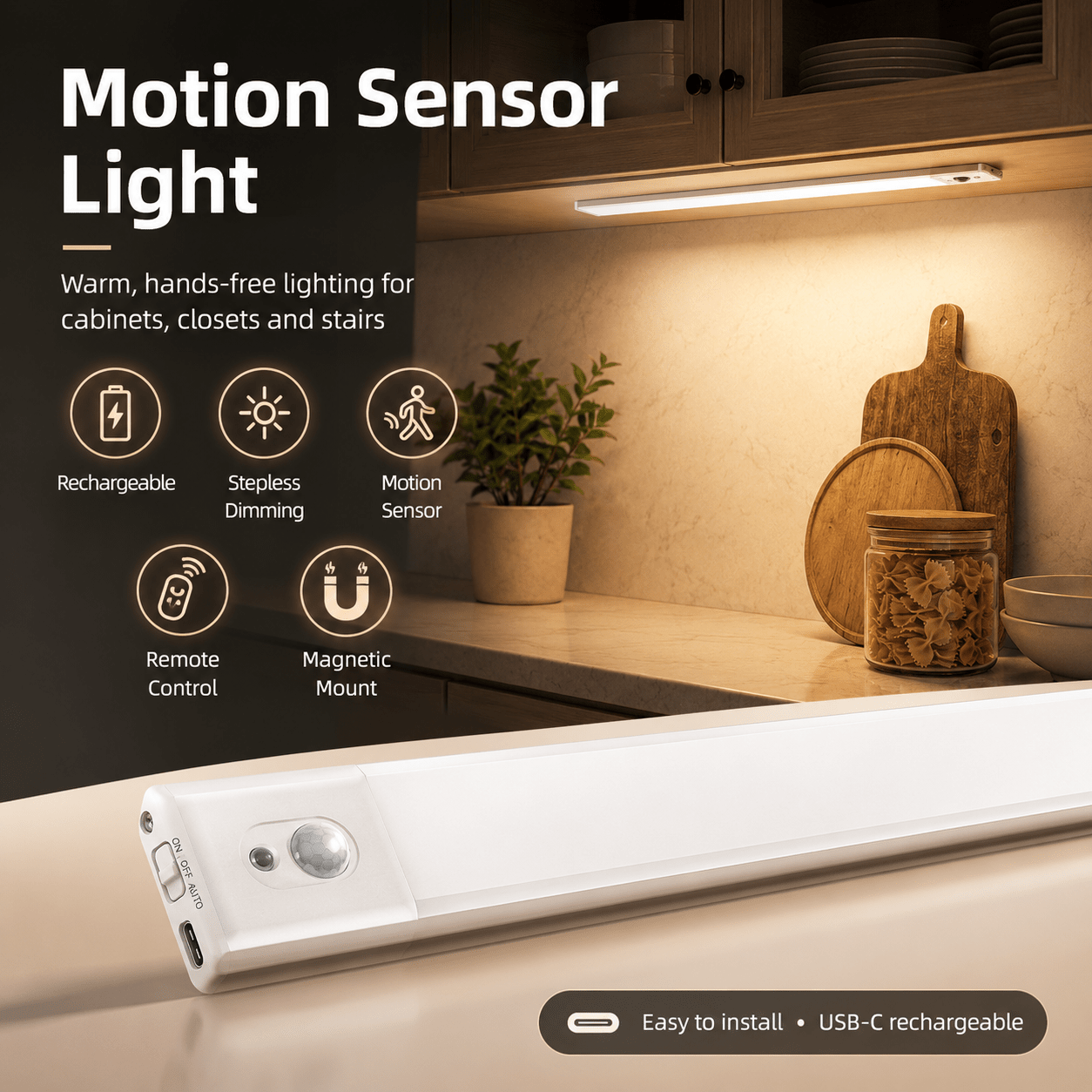 EZVALO 5-Pack Under Cabinet Lighting, 2400mAh Motion Sensor Light, LED Closet Lights Wireless, 6500K Dimmable, Timer, Magnetic with Remote Control - Morrowden