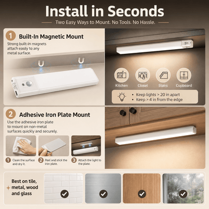 EZVALO 5-Pack Under Cabinet Lighting, 2400mAh Motion Sensor Light, LED Closet Lights Wireless, 6500K Dimmable, Timer, Magnetic with Remote Control - Morrowden