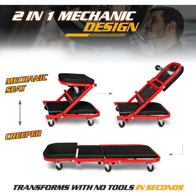 Foldable Z Garage Creeper, 36 in, 300 lbs Load Capacity Rolling Folding Mechanic Creeper Stool, with 6 Wheels Tool Tray Padded Seat Steel Frame, Lay Down or Sit Chair for Garage Shop or Home - Morrowden