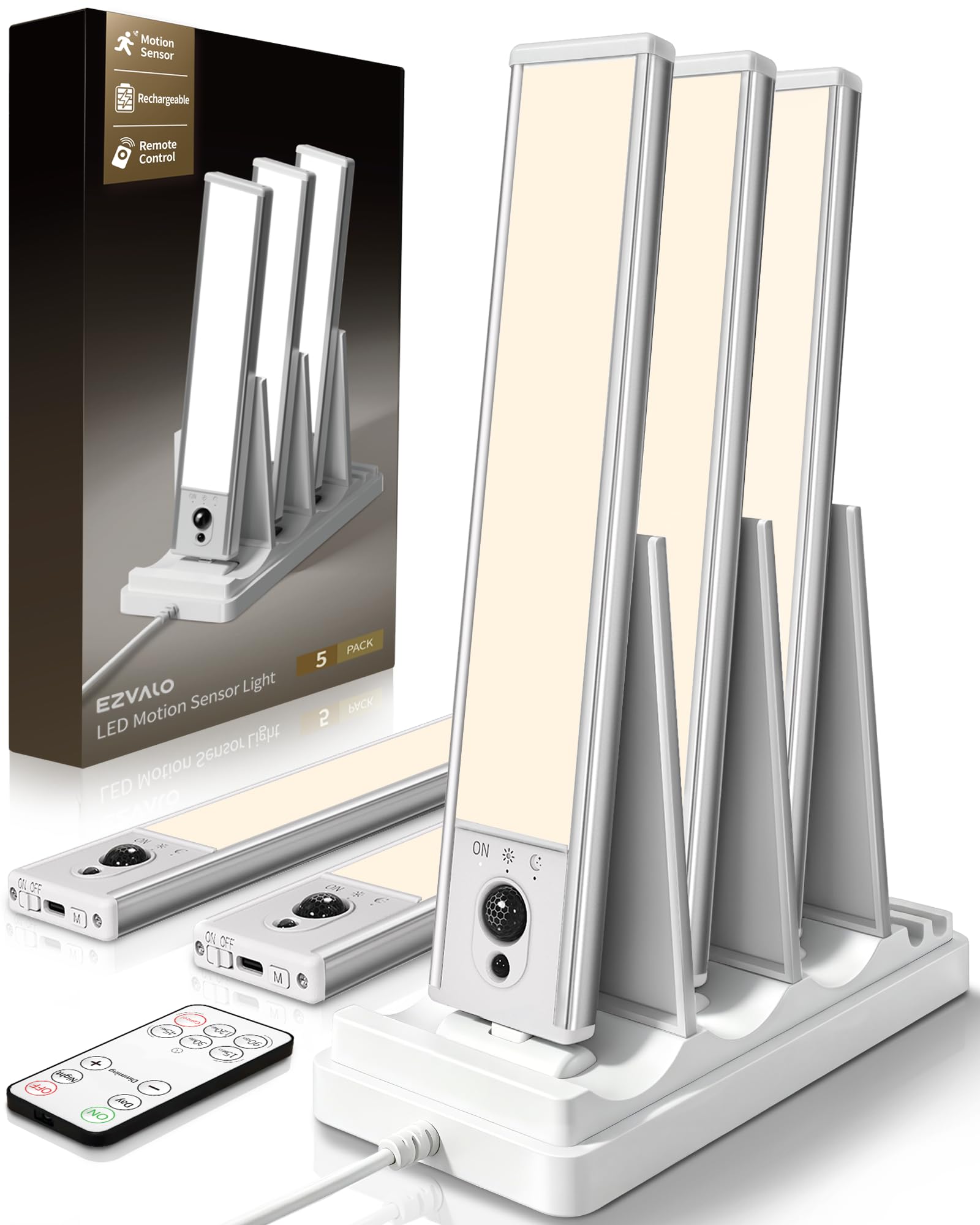EZVALO 5-Pack Under Cabinet Lighting, 2400mAh Motion Sensor Light, LED Closet Lights Wireless, 3000K Dimmable, Timer, Magnetic, with Remote Control for Kitchen, Closet, Stair