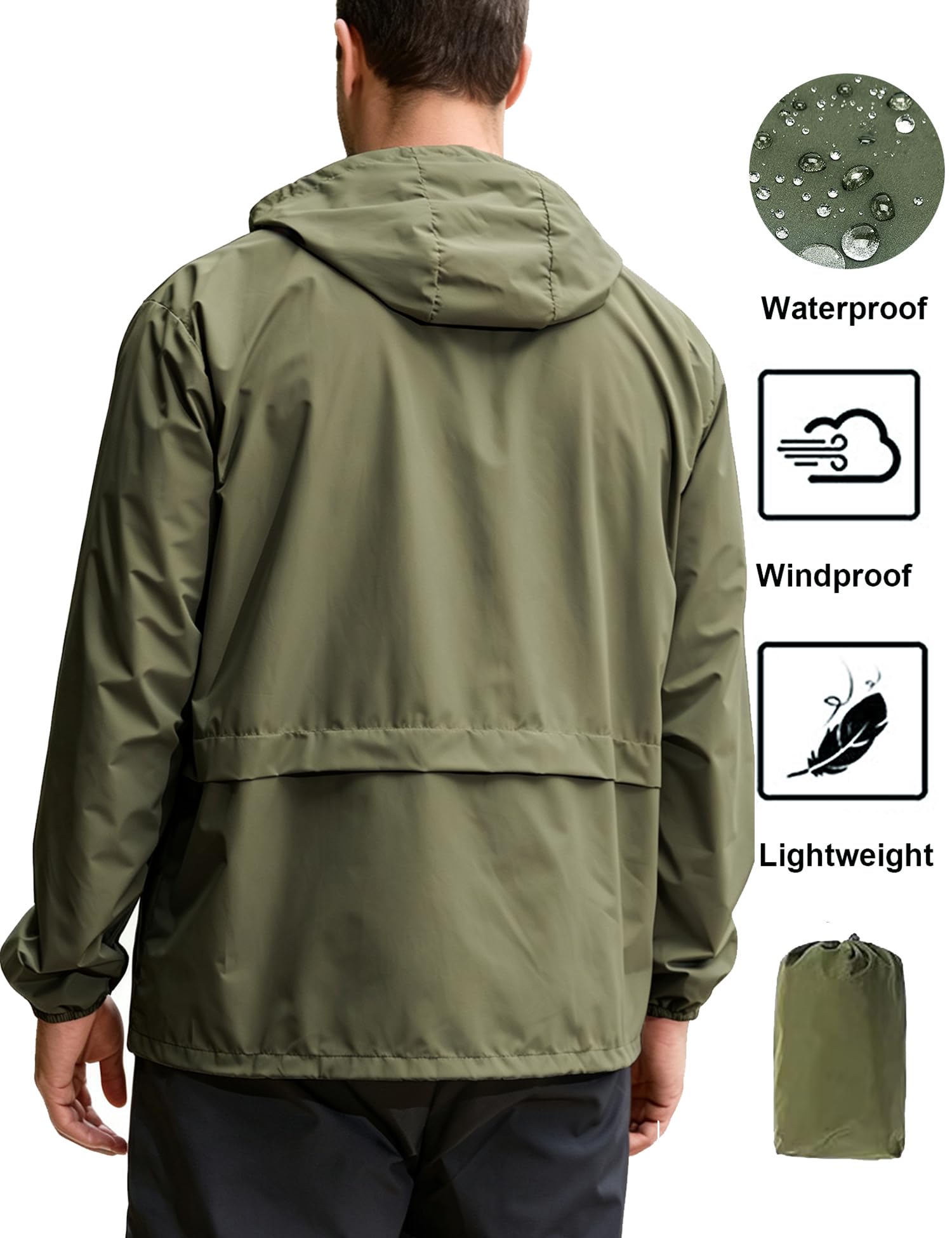 Mens Packable Rain Jacket Lightweight Waterproof Raincoat with Hood Outdoor Rain Gear Travel Hiking Cycling - Morrowden