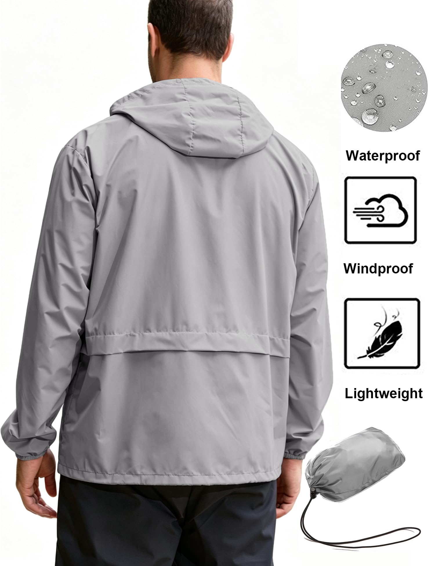 Mens Packable Rain Jacket Lightweight Waterproof Raincoat with Hood Outdoor Rain Gear Travel Hiking Cycling - Morrowden