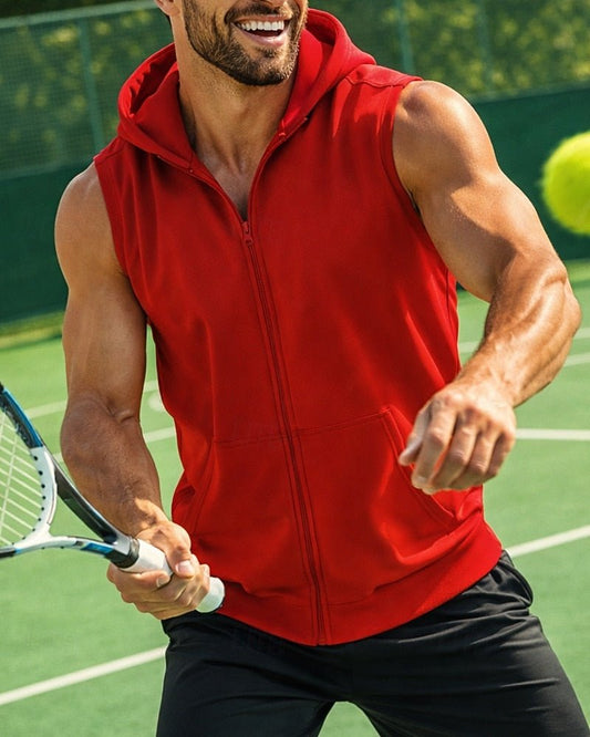 Men's Solid Colored Workout Tank Top Sports Tank Top Sleeveless Zip Up Hooded Quick Dry Stretchy Moisture Wicking Breathable Tennis Running Golf Hooded Vest / Gilet Dark Grey Black Red Tennis Clothing - Morrowden