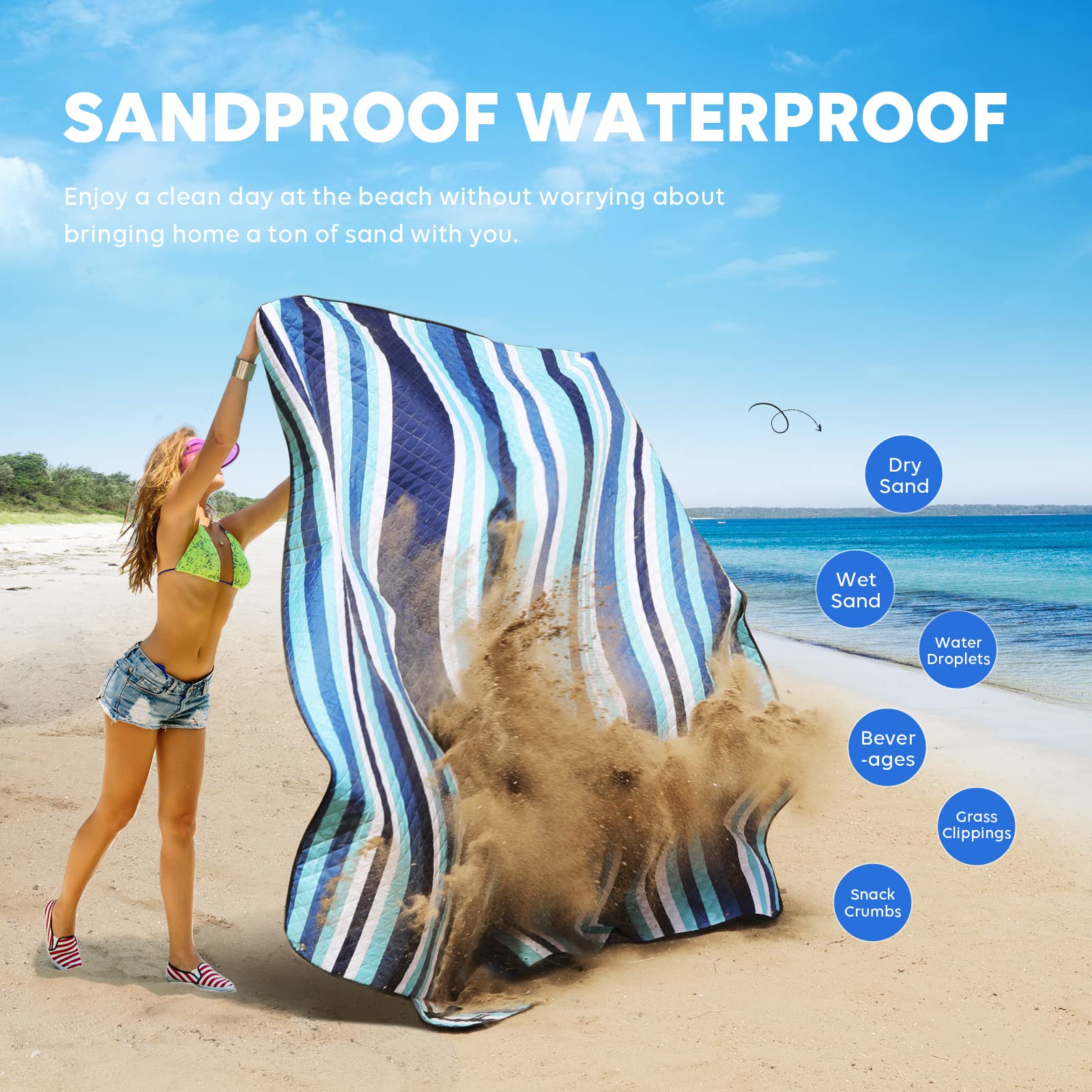 Picnic Blankets Beach Blanket, 80''x80'' Extra Large Thick 3-Layers, Sandproof Machine Washable Waterproof Foldable Oversized XL Outdoor Mat, for Camping, Park, Travel, Grass(Blue White Stripe) - Morrowden