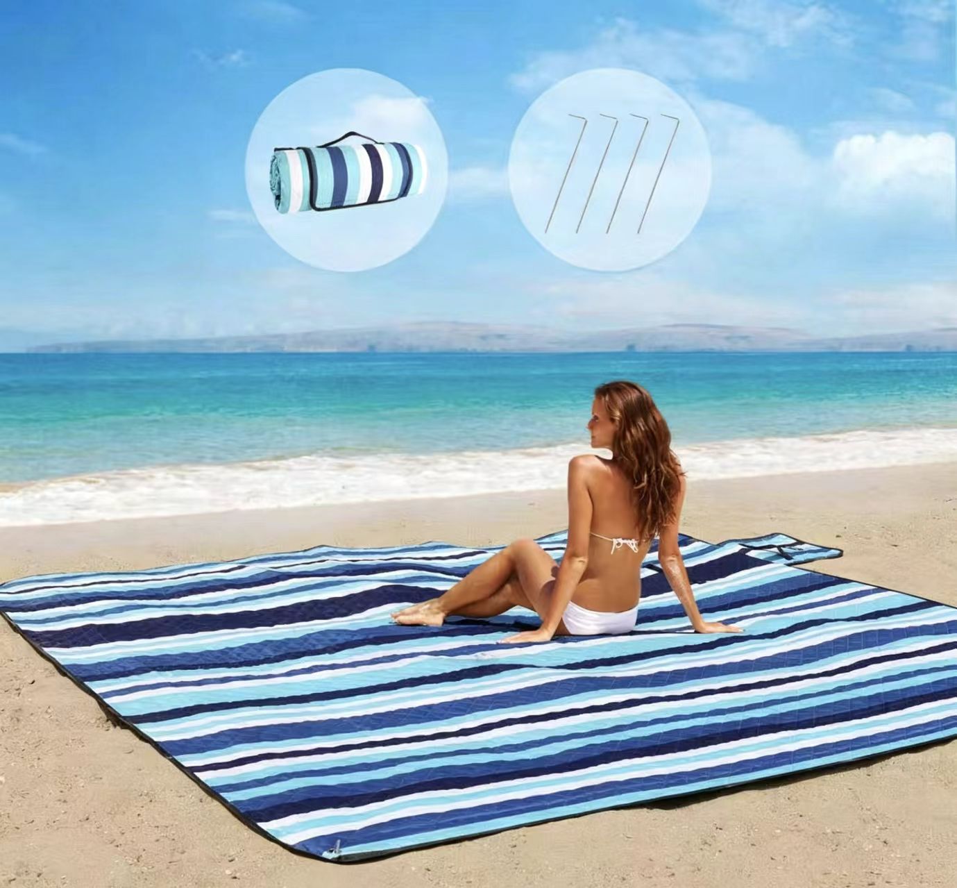 Picnic Blankets Beach Blanket, 80''x80'' Extra Large Thick 3-Layers, Sandproof Machine Washable Waterproof Foldable Oversized XL Outdoor Mat, for Camping, Park, Travel, Grass(Blue White Stripe) - Morrowden