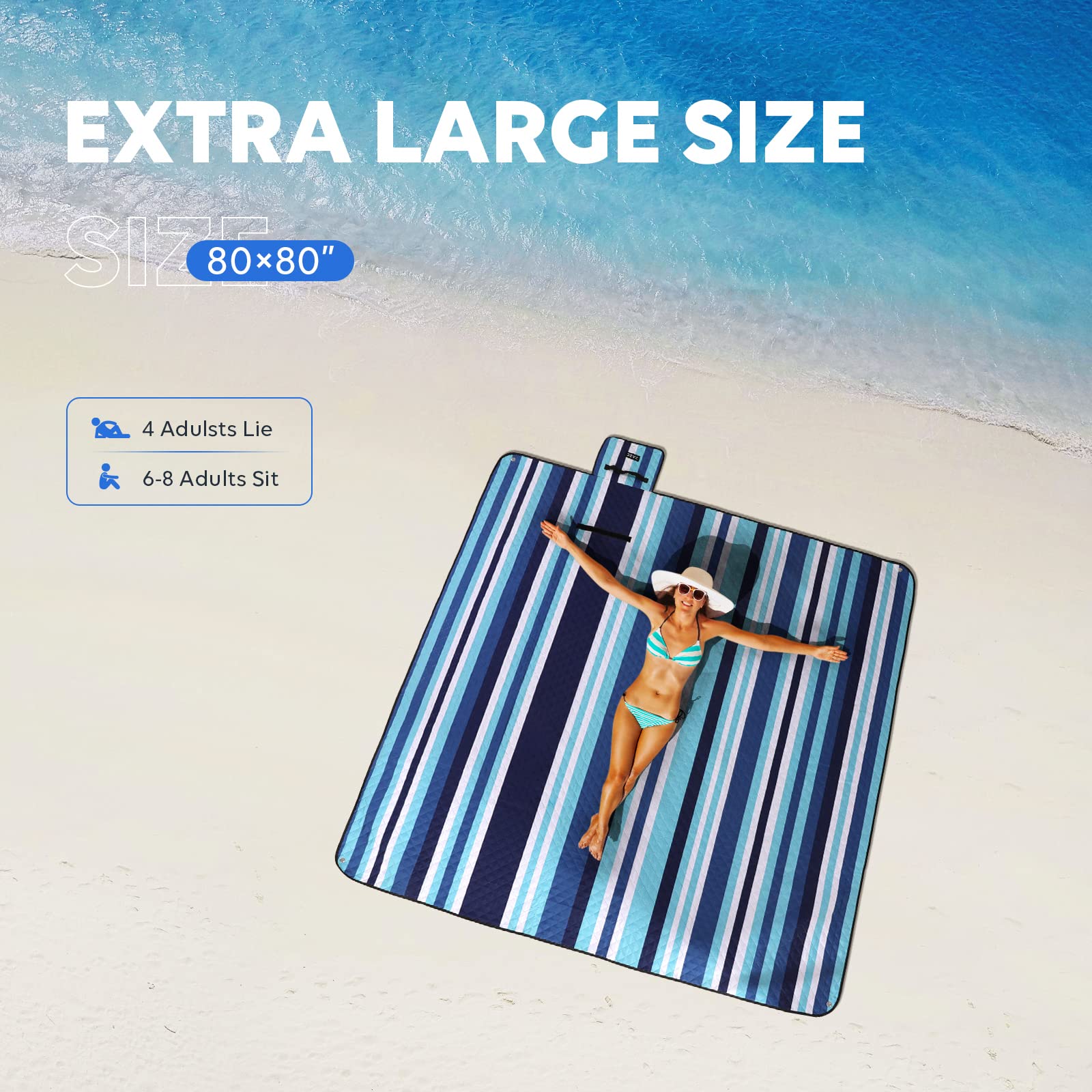 Picnic Blankets Beach Blanket, 80''x80'' Extra Large Thick 3-Layers, Sandproof Machine Washable Waterproof Foldable Oversized XL Outdoor Mat, for Camping, Park, Travel, Grass(Blue White Stripe) - Morrowden