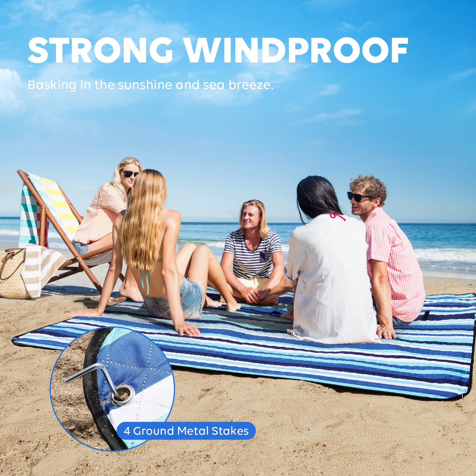 Picnic Blankets Beach Blanket, 80''x80'' Extra Large Thick 3-Layers, Sandproof Machine Washable Waterproof Foldable Oversized XL Outdoor Mat, for Camping, Park, Travel, Grass(Blue White Stripe) - Morrowden